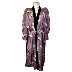 Esley Women Crane Print Duster Robe Mauve Pink Balloon Sleeve Longline Large NEW